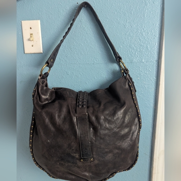 FRYE Dark Brown Leather Hobo Bag with Brass Accents - Picture 2 of 6